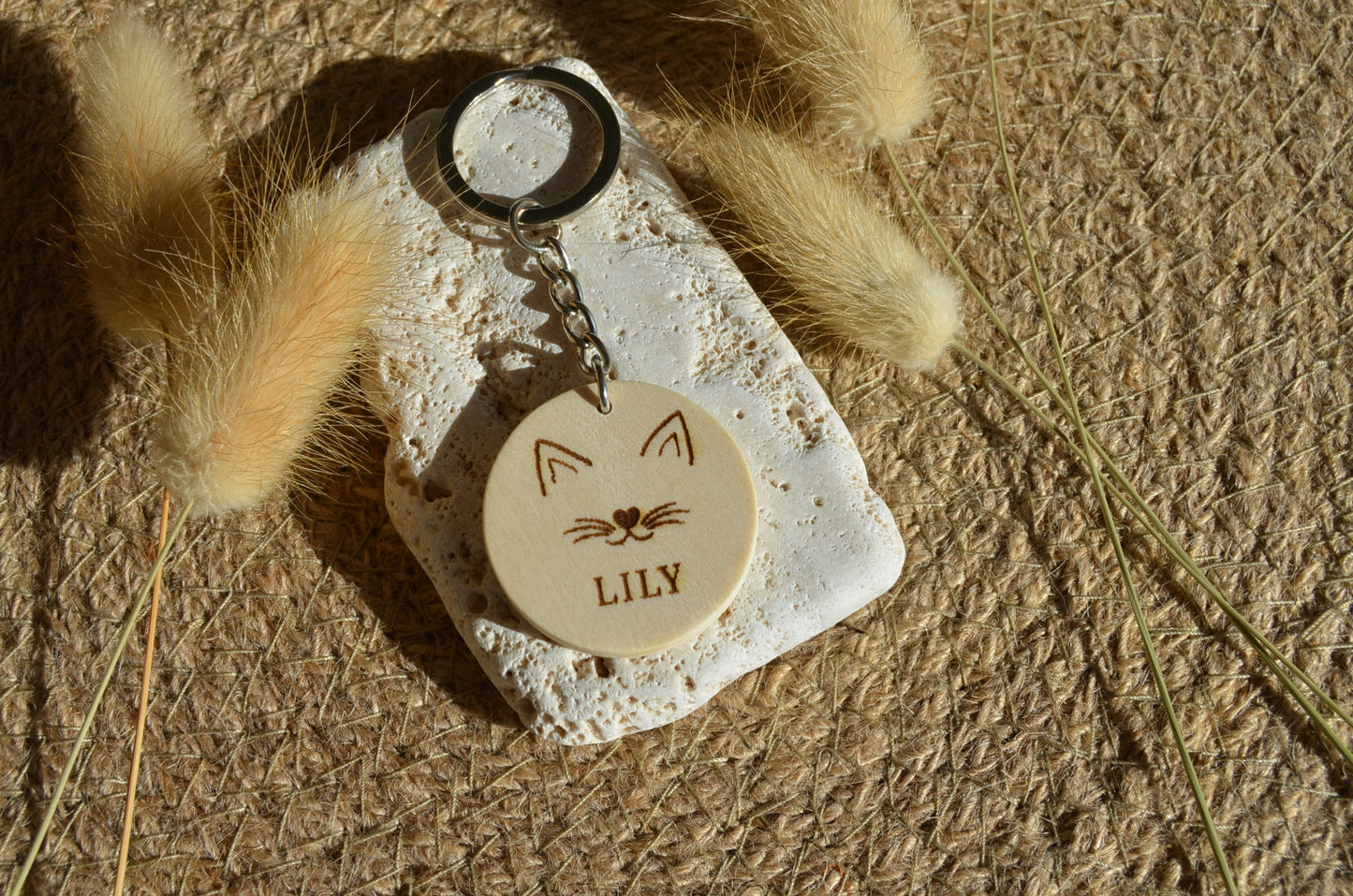 Porte Clé Bois Frimousse de chat - Personnalisé