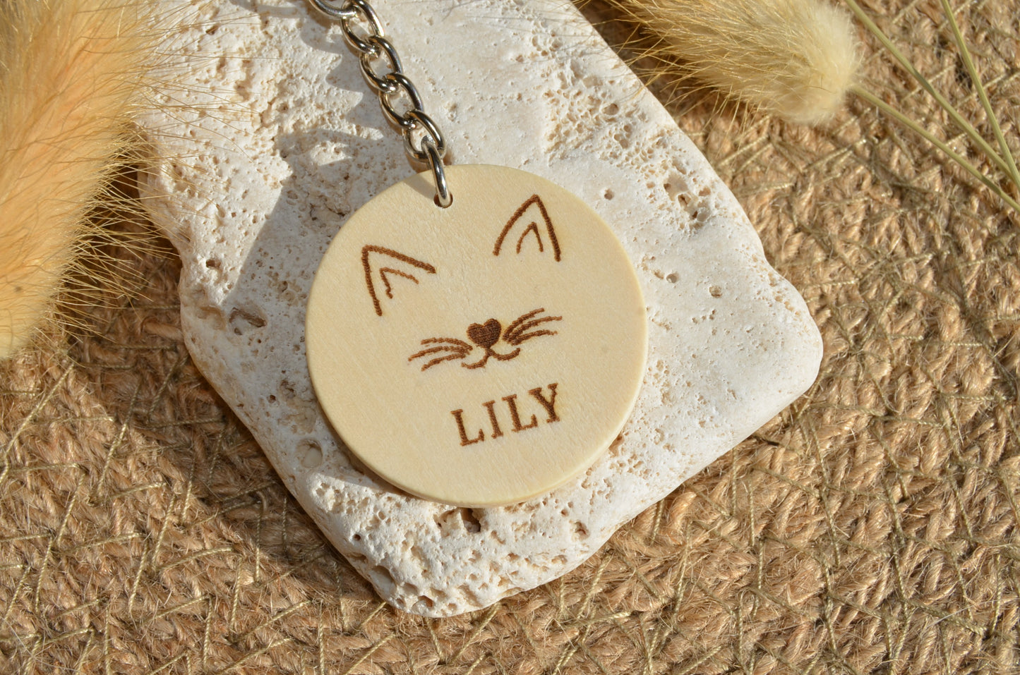 Porte Clé Bois Frimousse de chat - Personnalisé